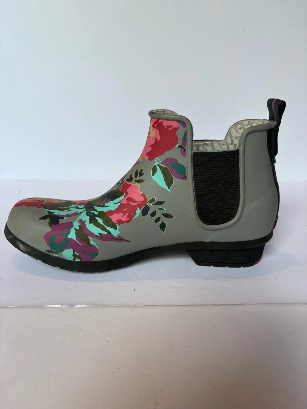 Chooka Women's Floral Rain Chelsea Booties - Gray with Pink Multi Accents Size 9